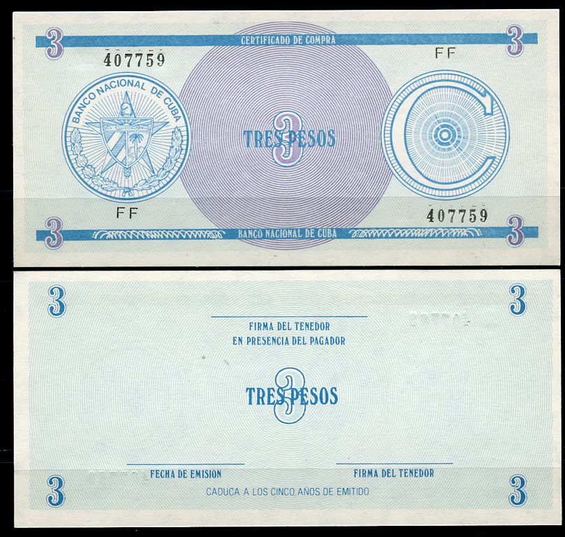 Куба, валютный сертификат 5 песо ND серия C, первый выпуск, голубая, черная серия Pick FX 13 (1)  бумага  UNC (пресс) 449-100-2