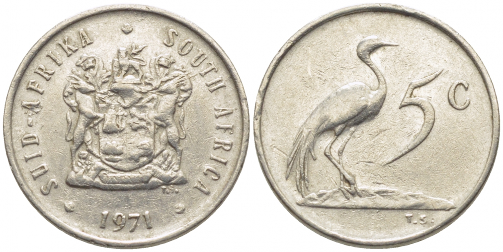 ЮАР 5 центов 1971 герб, райский журавль KM 84 никель 105-1024