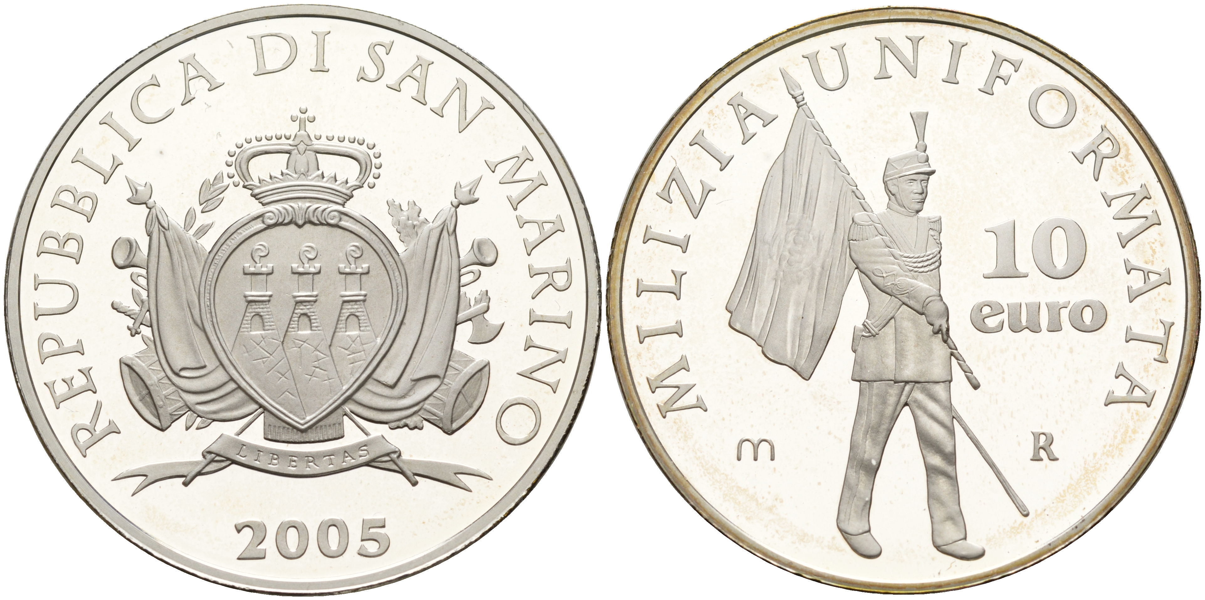 Сан-Марино 10 евро 2005 милиция, карабинеры, в оригинальной коробке, с сертификатом KM 344 серебро PROOF 14-01-04-10