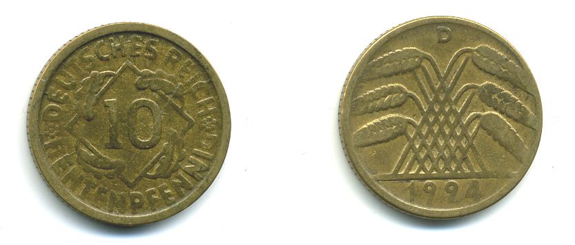 ГЕРМАНИЯ 10 РЕНТЕНПФЕННИГОВ 1924 D KM 33, J. 309, Weege 8 алюминиевая бронза 46-1353