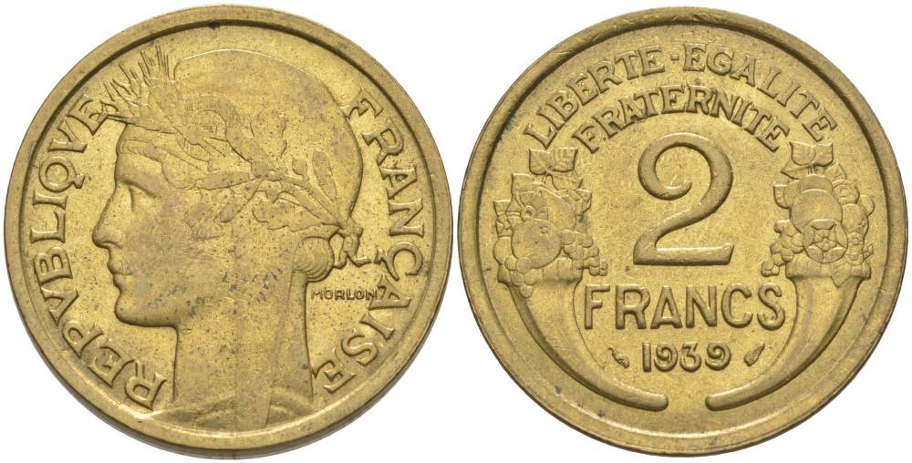ФРАНЦИЯ 2 ФРАНКА 1939 ТИП MORLON KM 886, LE FRANC 268.12 алюминиевая бронза 3855-214