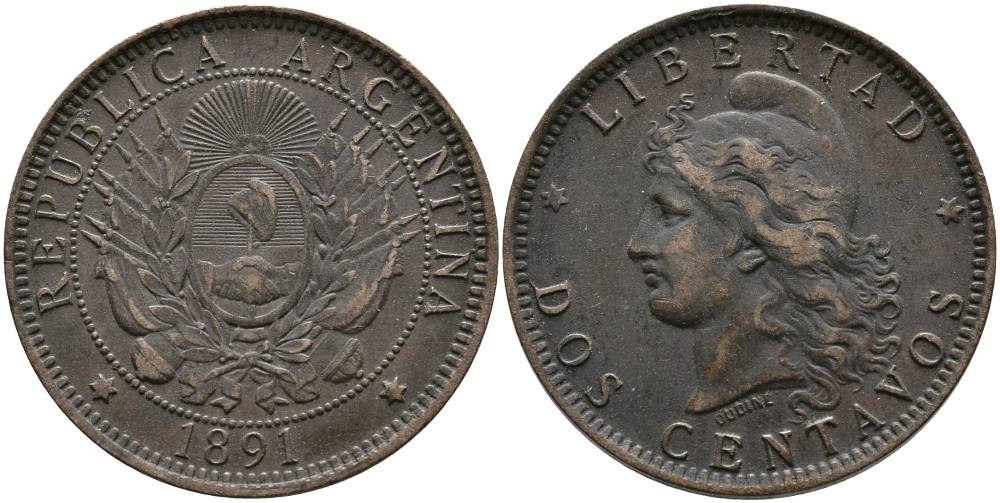 Аргентина 2 сентаво 1891 голова свободы влево KM 8 бронза 4531-1045