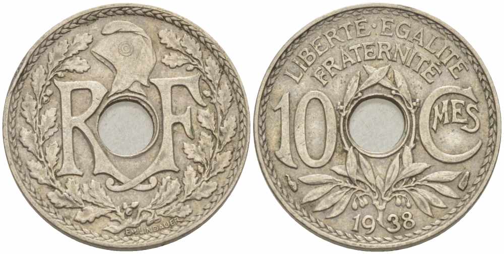 ФРАНЦИЯ 10 САНТИМОВ 1938 ТИП ЛИНДАЙЁ KM 866а, LE FRANC 138.25 медно-никель 108-236
