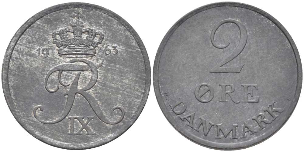 ДАНИЯ 2 ЭРЕ 1963 C; S, ФРЕДЕРИК IX (1947-1972) KM 840.2 цинк 67-347