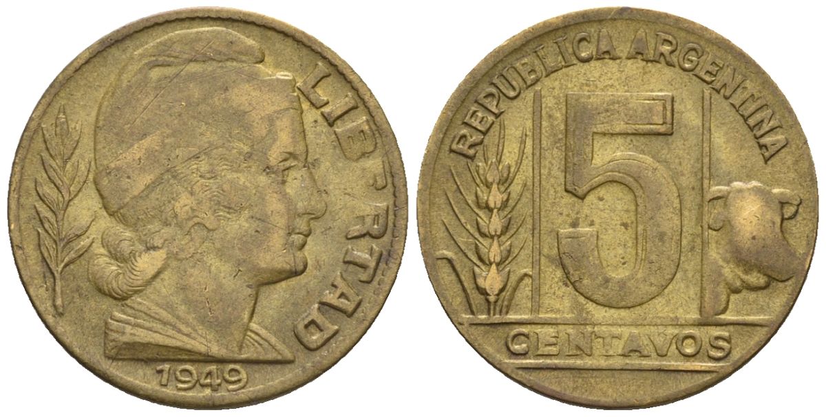 Аргентина 5 сентаво 1949 голова свободы вправо KM 40, CJ 221, Schon 43 алюминиевая бронза    4609-1137