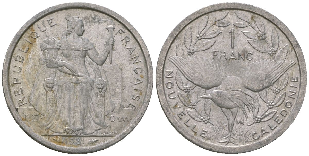 Французская Новая Каледония 1 франк 1981 птица кагу, (IEOM) KM 10, Schoen 10, Lec 44 алюминий    51-1154