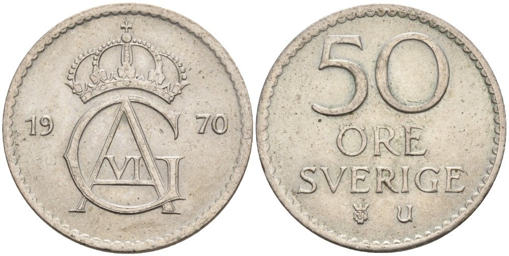 Швеция 50 эре 1970 U, Густав VI Адольф (1950-1973) KM 837 медно-никель 4538-441