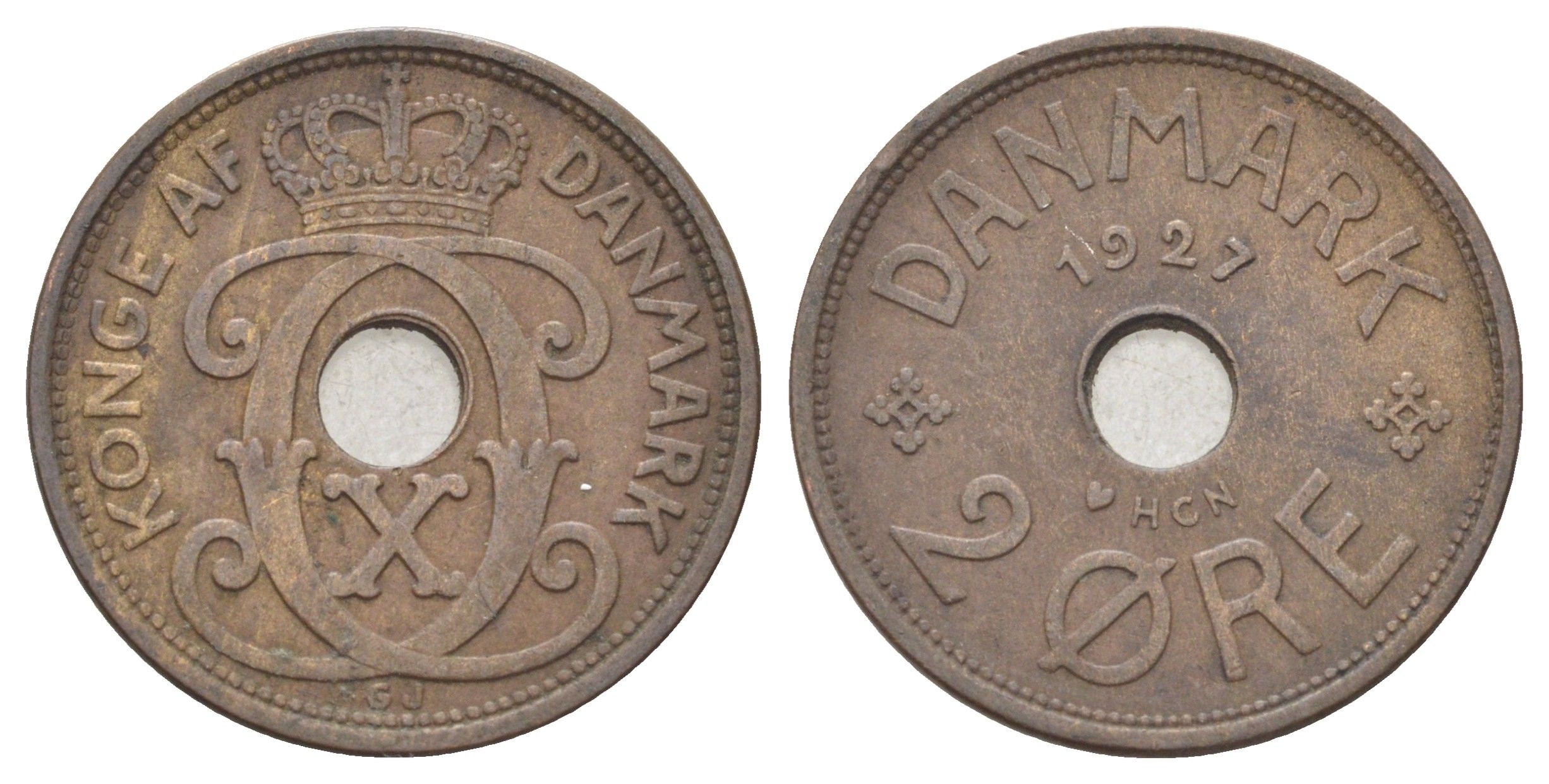 Дания 2 эре 1927 NCH, Кристиан X (1912-1947) KM 827 бронза 4701-629