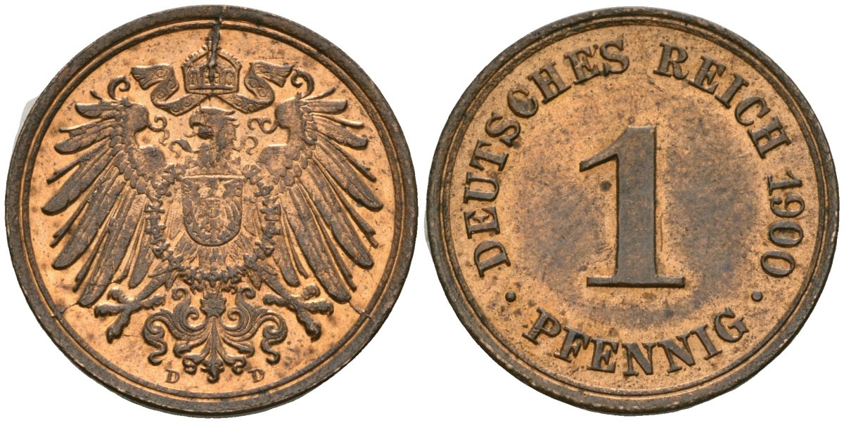 Германия 1 пфенниг 1900 D, Вильгельм II (1888-1918) KM 10, J. 10 медь 4608-611