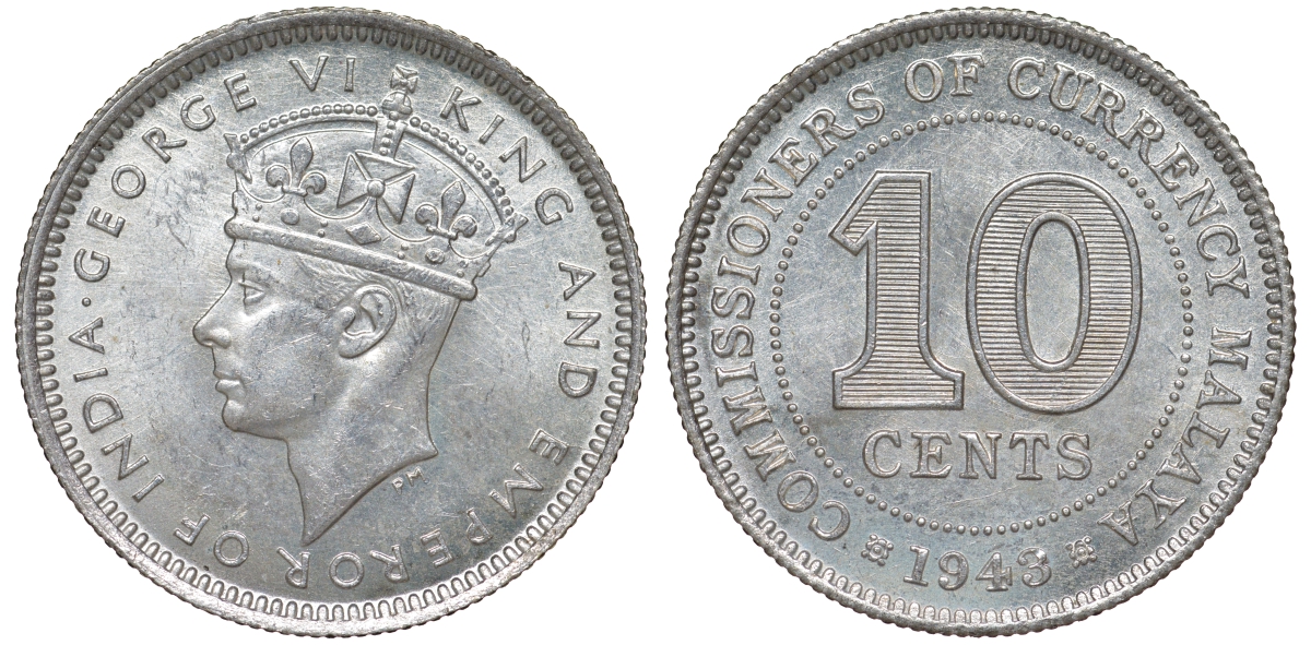 Британская Малайя 10 центов 1943 Георг VI (1937-1952) KM 4a серебро 53-239