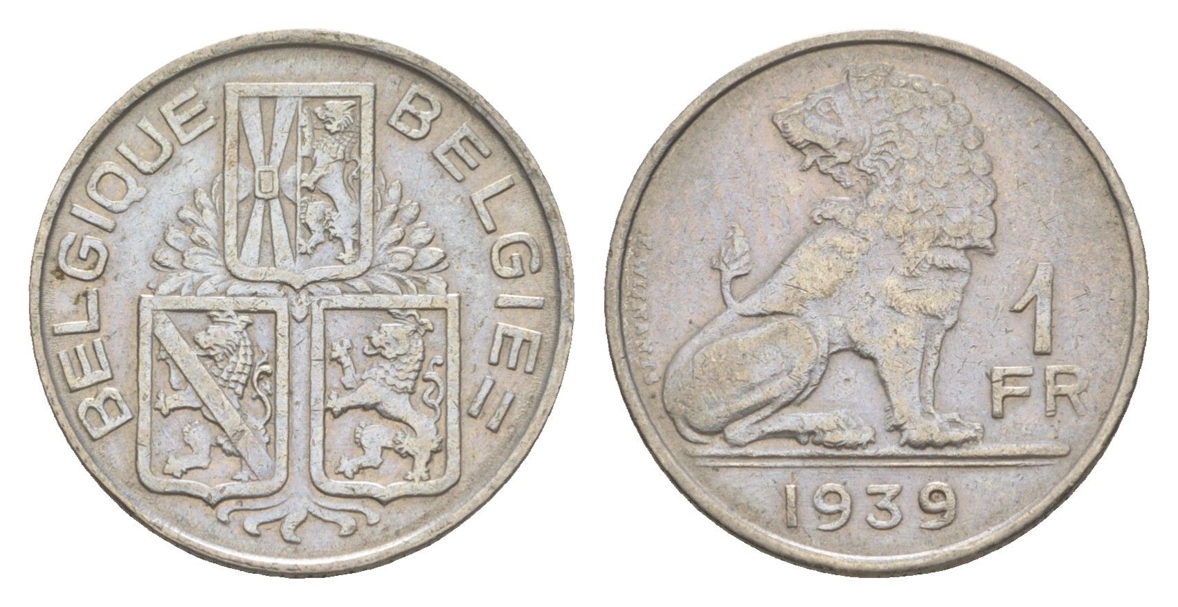 Бельгия 1 франк 1939 Belgique - Belgie, Леопольд III (1934-1951) KM 119 никель 4173-656