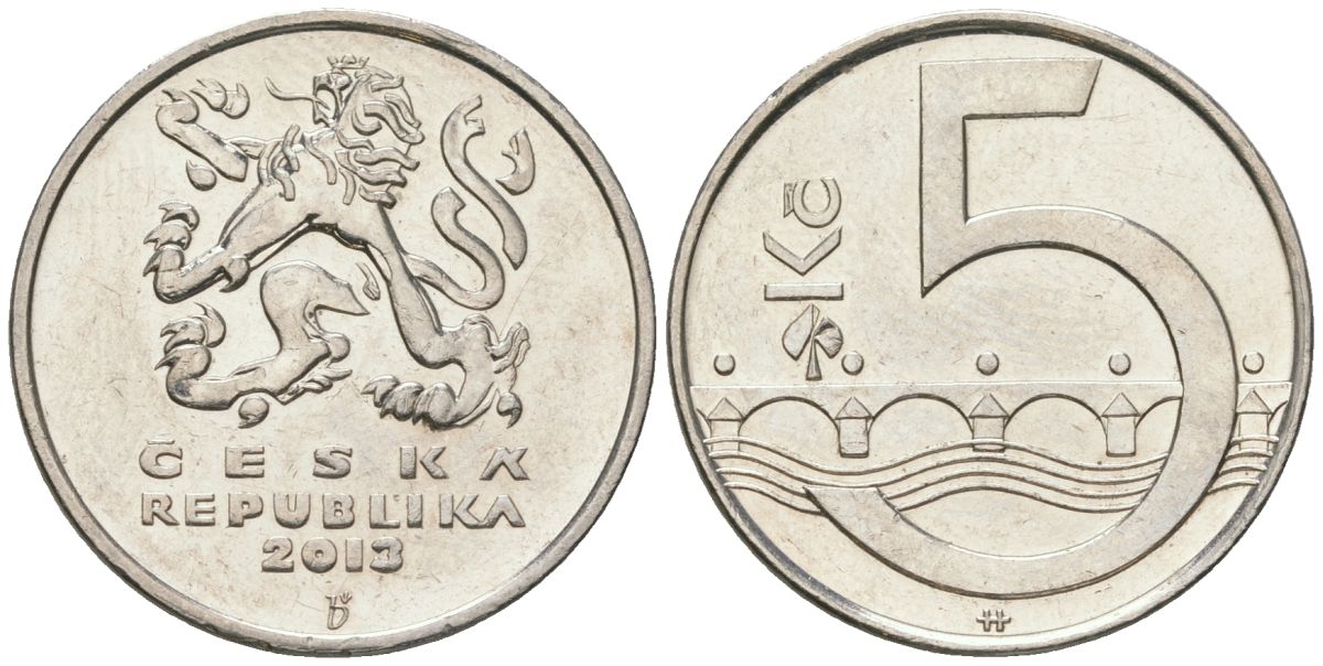 Чехия 5 крон 2013 b’, чешский лев, Карлов мост KM 8 сталь плакированная никелем aUNC 4592-747