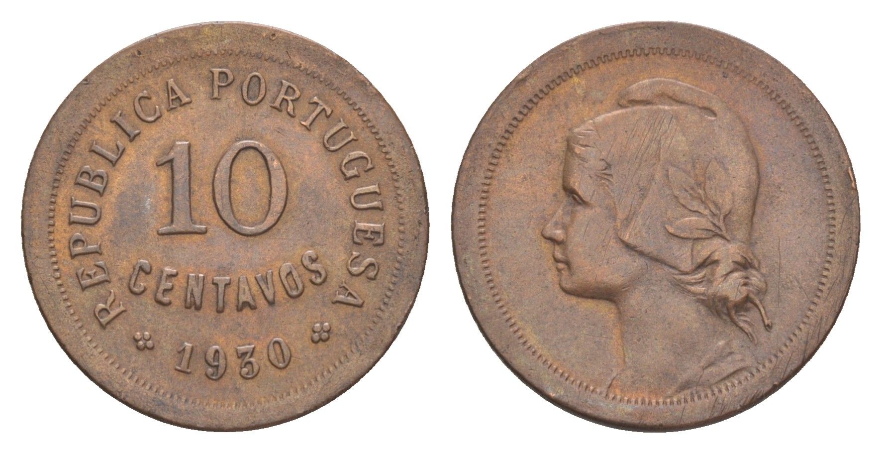 Португалия 10 сентаво 1930 редкий год KM 573 бронза 00-801-33