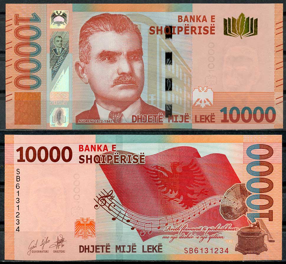 Албания 10000 леков 2019 Александер Асдрени, флаг, музыкальный аккорд Pick 81 a  бумага  UNC (пресс) 451-652-3
