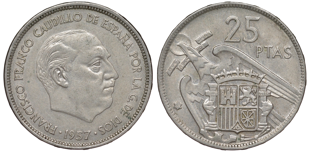 ИСПАНИЯ 25 ПЕСЕТ 1957 (69) ФРАНСИСКО ФРАНКО ДИКТАТОР ИСПАНИИ (1939-1975) KM 787 медно-никель 62-1122