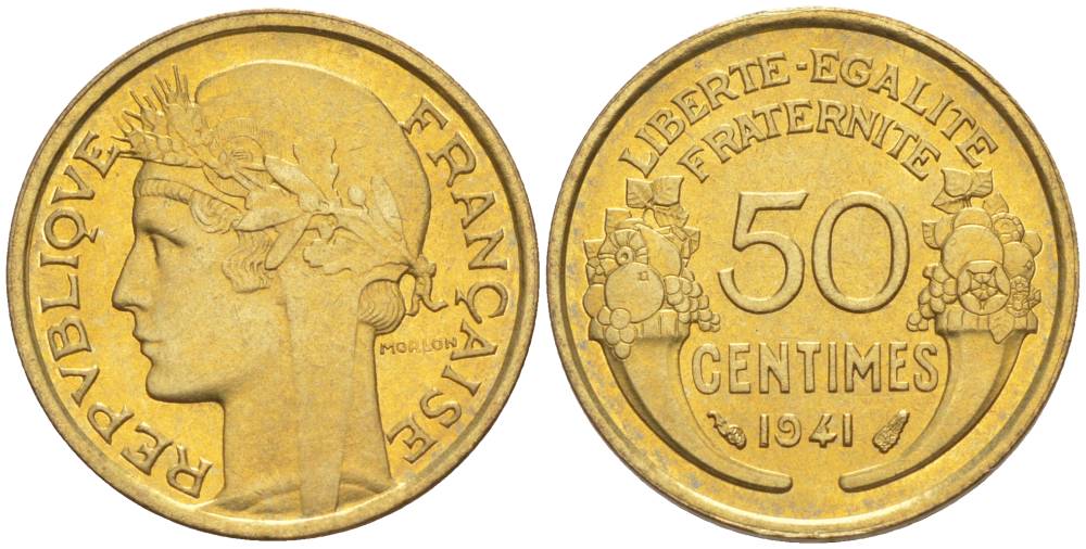 ФРАНЦИЯ 50 САНТИМОВ 1941 ТИП MORLON KM 894.1, LE FRANC 192.18 алюминиевая бронза 44-514