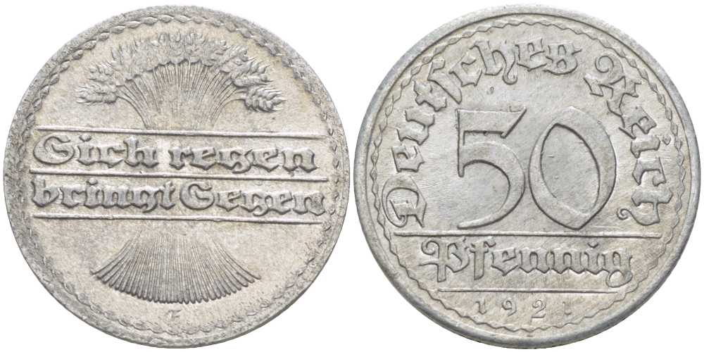 ГЕРМАНИЯ 50 ПФЕННИГОВ 1921 G KM 27, J. 301, Weege 10 алюминий 261-737