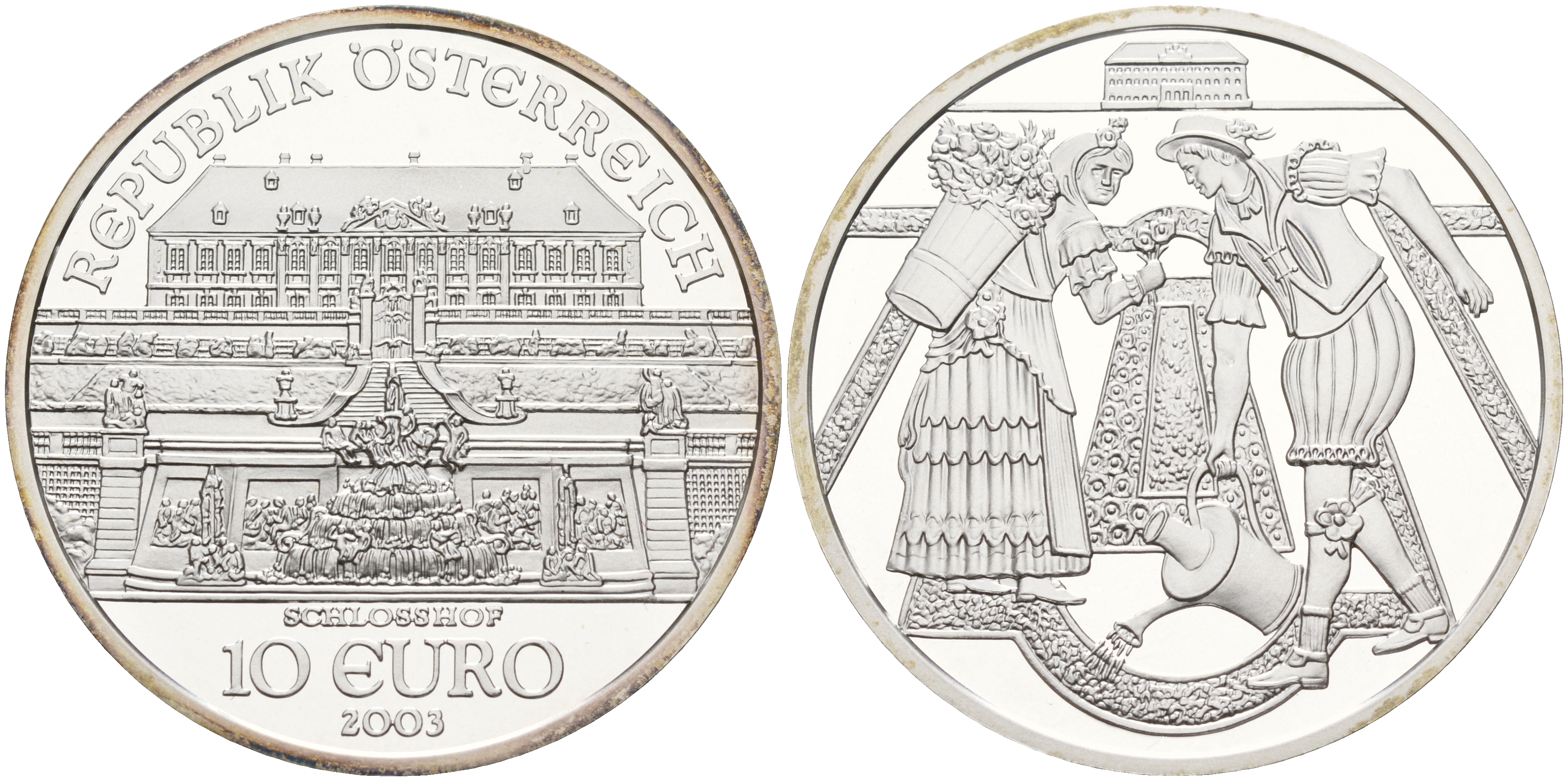 Австрия 10 евро 2003 дворец Шлосс Хоф, крестьяне, в оригинальной коробке с сертификатом KM 3103 серебро PROOF 1-5-2-17