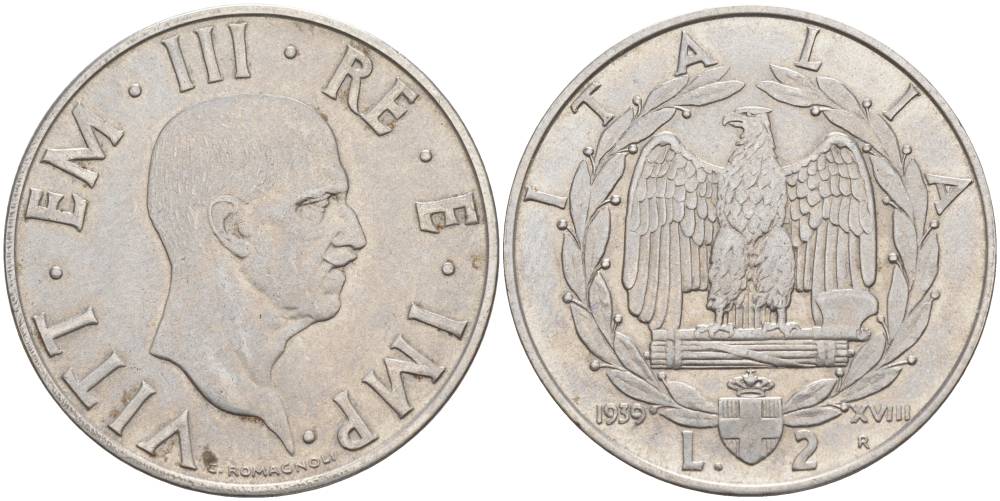 ИТАЛИЯ 2 ЛИРЫ 1939 R, ГОД XVIII, ВИКТОР ЭММАНУИЛ III (1900-1946), немагнитная, ГУРТ РИФЛЁНЫЙ KM78a, VEM3. 1153 a) нержавеющая сталь 3855-234