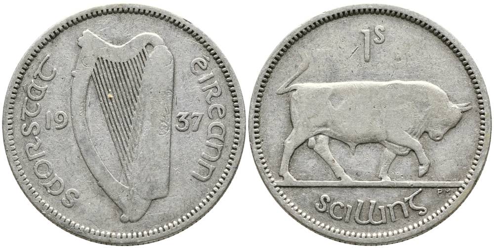 ИРЛАНДИЯ 1 ШИЛЛИНГ 1937 БЫК, ПРОБА 750, ДИАМЕТР 23,6 ММ., ТИРАЖ 100000 ЭКЗ. KM 6 серебро 272-113