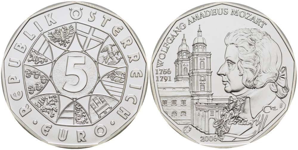 Австрия 5 евро 2006 250 лет со дня рождения Вольфганга Амадея Моцарта, Зальцбургский кафедральный собор KM 3131 серебро UNC 02-087-12