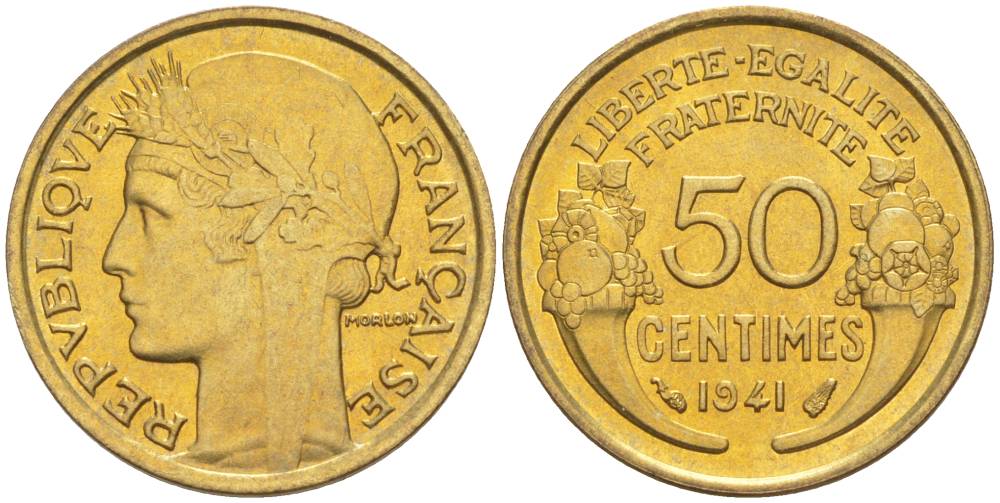 ФРАНЦИЯ 50 САНТИМОВ 1941 ТИП MORLON KM 894.1, LE FRANC 192.18 алюминиевая бронза 44-527