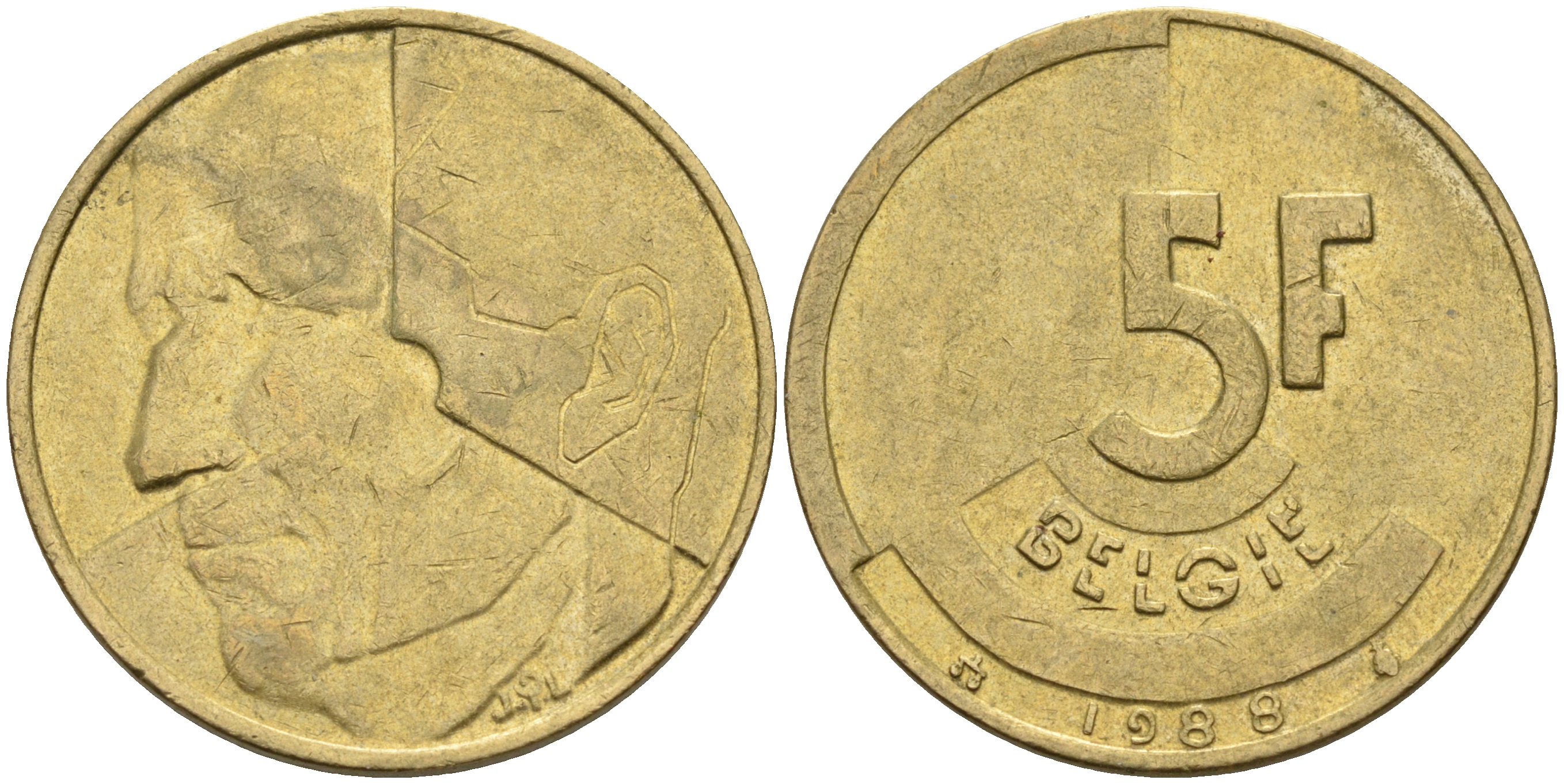 Бельгия 5 франков 1988 Belgie KM 164 латунь алюминиевая бронза    4592-1233