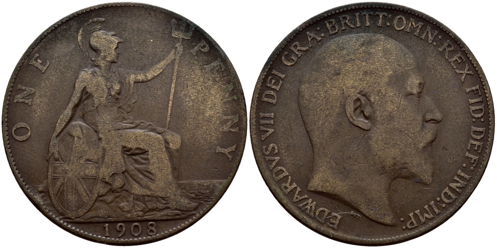 Великобритания 1 пенни 1908 Эдуард VII (1901-1910) KM 794.2, Spink 3990 бронза 75-343