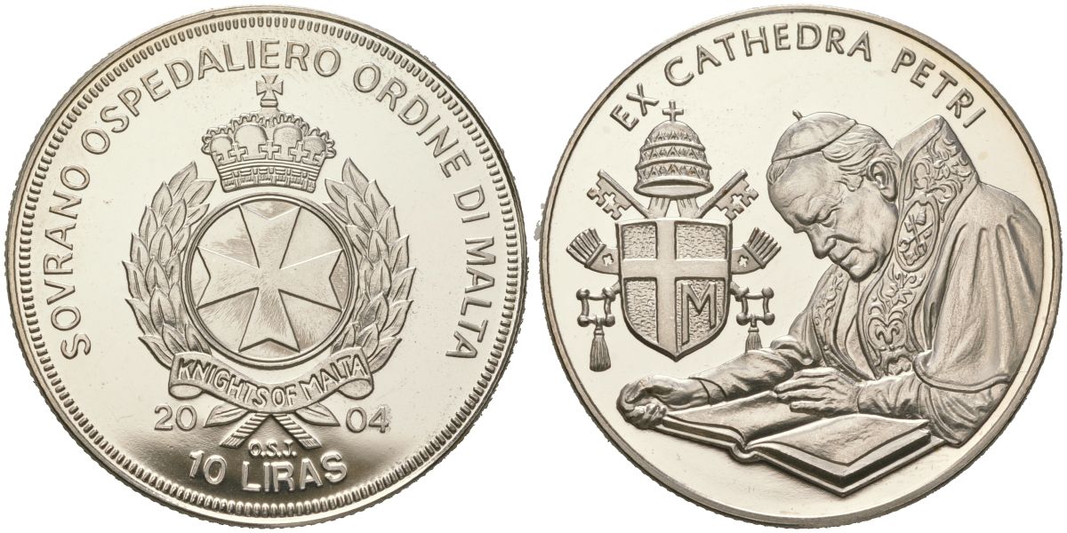 Мальтийский орден 10 лир 2004 Жизнь Папы, Иоанн Павел II - Изучение Библии, тираж 5.000 экземпляров медно-никель PROOF 1529-331