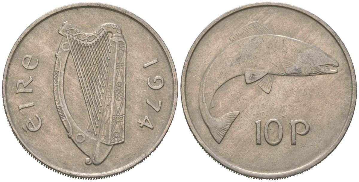 Ирландия 10 пенсов 1974 лосось KM 23 медно-никель 4619-656