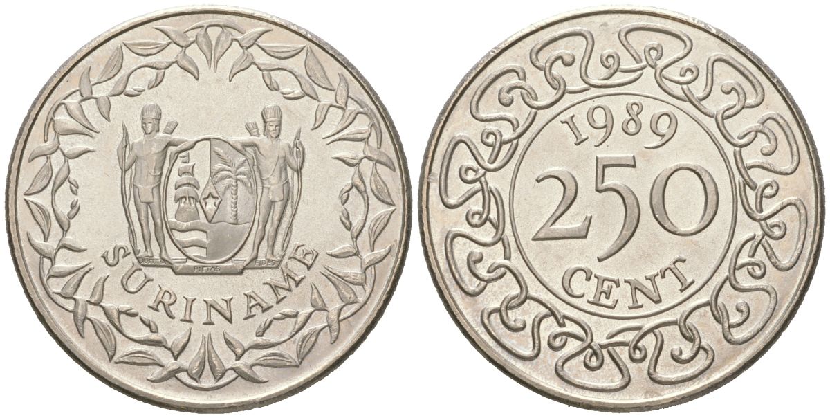 Суринам 250 центов 1989 KM 24 медно-никель BU 4172-152