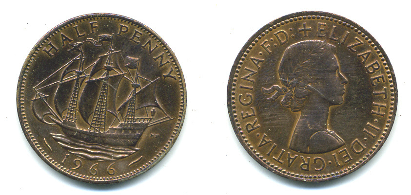 Великобритания 1/2 пенни 1966 Елизавета II (1952-2022) KM 896, Spink 4158 бронза 59-915