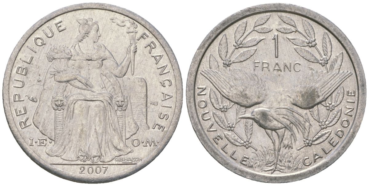 Французская Новая Каледония 1 франк 2007 птица кагу, (IEOM) KM 10, Schoen 10 алюминий 55-134