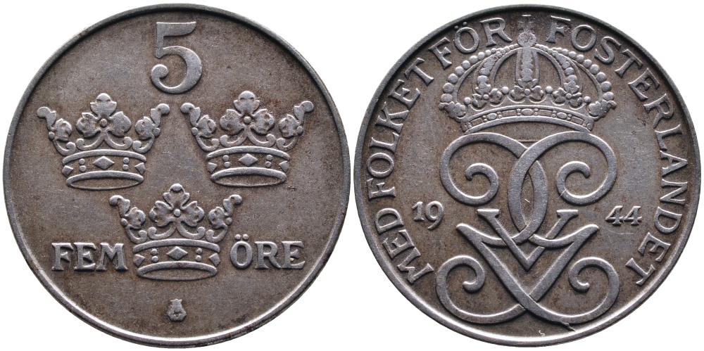 Швеция 5 эре 1944 Густав V (1907-1950), военный выпуск KM 812 железо 4389-131