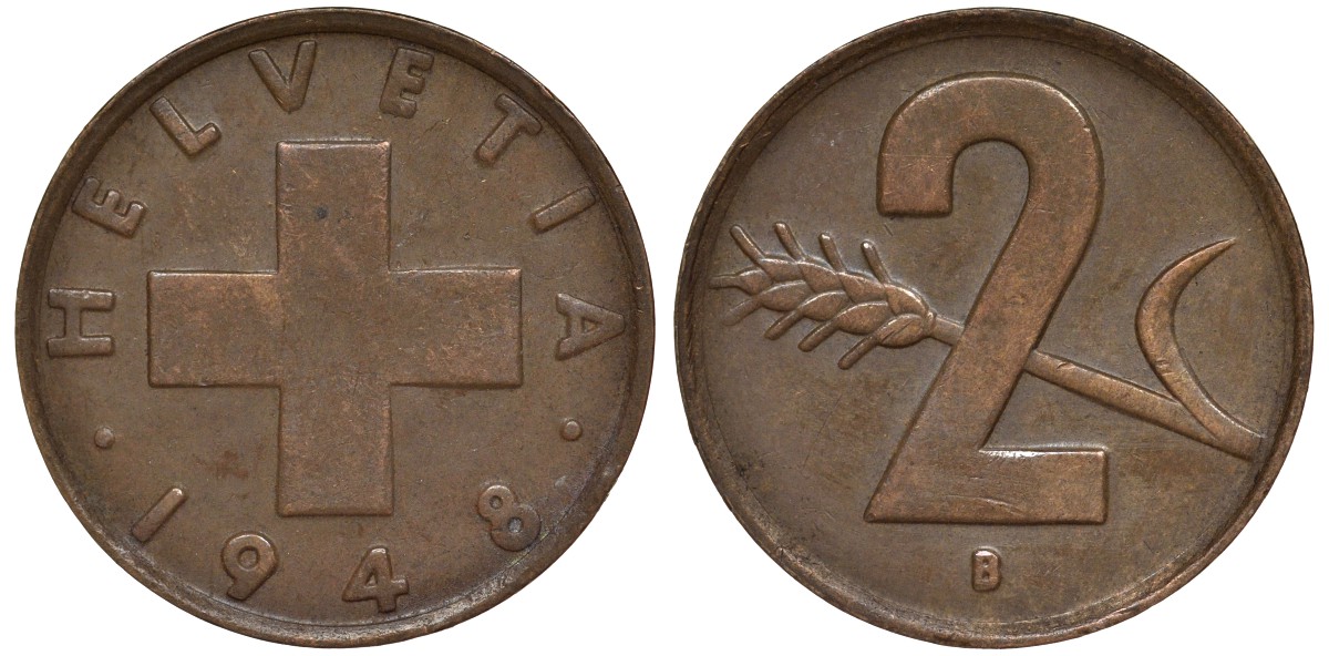 Швейцария 2 раппена 1948 в KM 47 бронза 4128-714