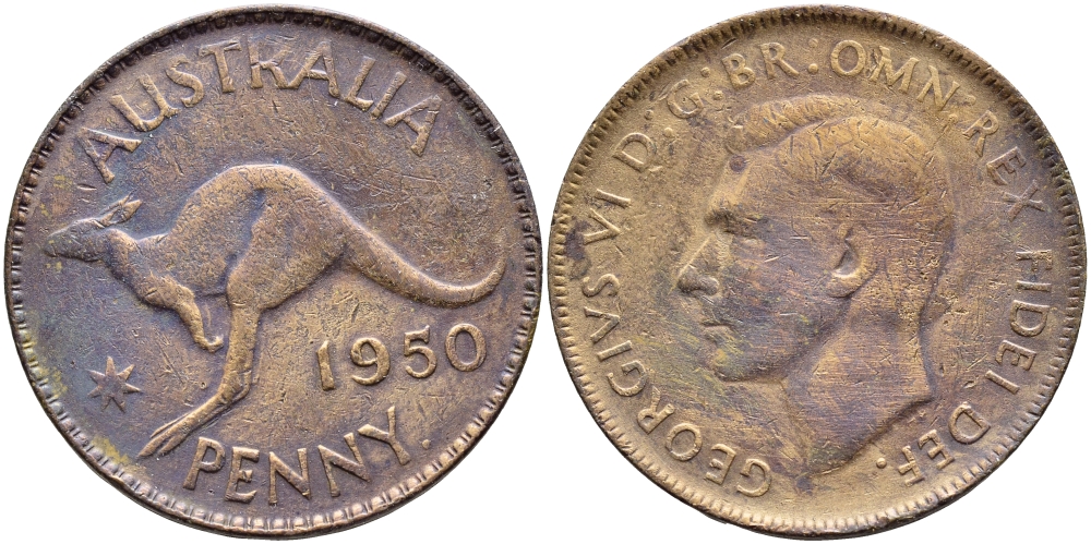 АВСТРАЛИЯ 1 ПЕННИ 1950 p, ГЕОРГ VI (1936-1952), КЕНГУРУ KM 42 бронза 4394-1012