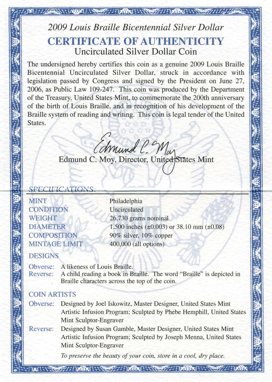 США 1 доллар 2009 Р, 200 лет со дня рождения Луи Брайля (1809-2009), в оригинальной коробке, сертификат KM 455 серебро UNC 00-00
