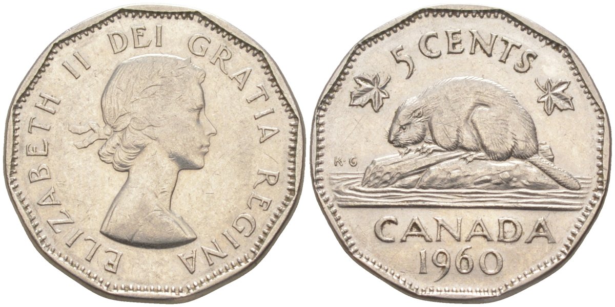 Канада 5 центов 1960 Елизавета II, бобёр KM 50а никель 219-953