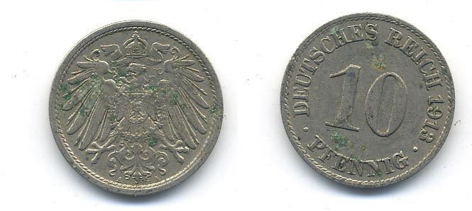 ГЕРМАНИЯ 10 ПФЕННИГОВ 1913 A KM 12, J. 13 медно-никель 58-421