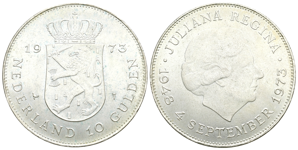 Нидерланды 10 гульденов 1973 25 лет правления королевы Юлианы KM 196 серебро 74-514