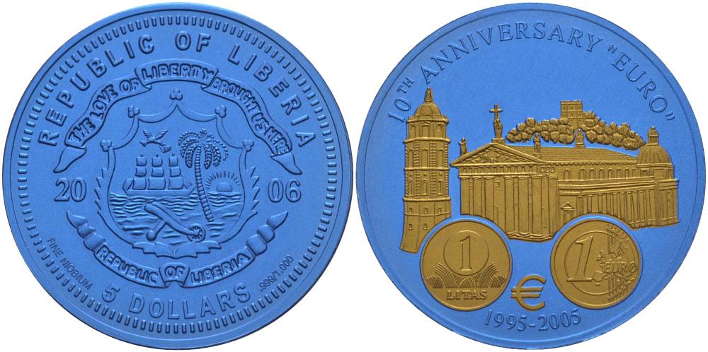 Либерия 5 долларов 2005 10 лет евро, страны не присоединившиеся к еврозоне, Литва, монеты с сертификатом, би-колор (два цвета), вес 7,78 гр., диаметр 35 мм.  ниобий  UNC  1080-10-63