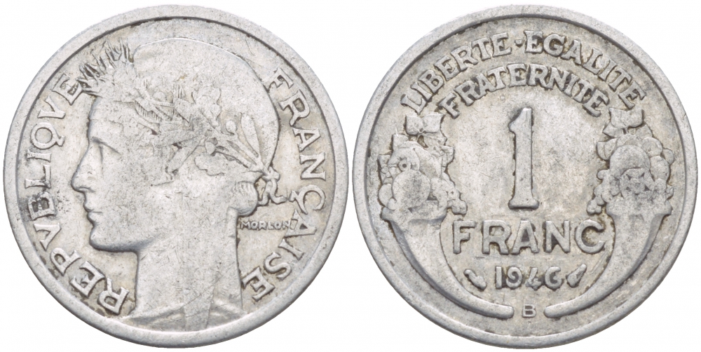 ФРАНЦИЯ 1 ФРАНК 1946 В KM 885a.2 алюминий 4546-1227