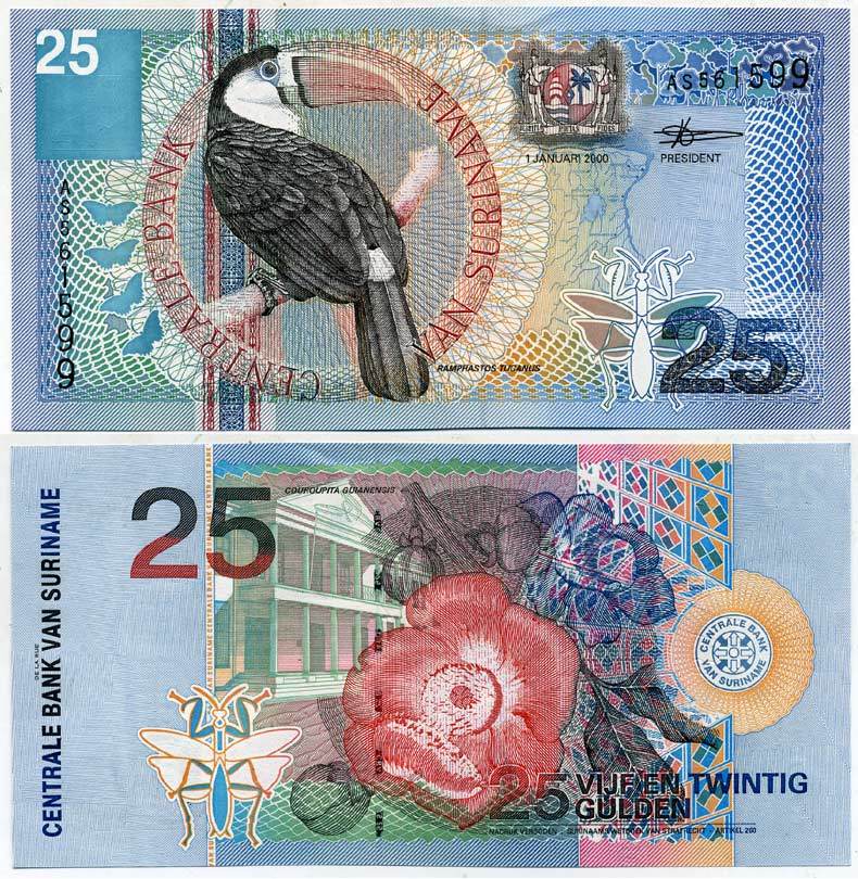 Суринам 25 гульденов 2000 белогрудый тукан, курупита гвианская Pick 148 бумага UNC (пресс) 7547-12-4