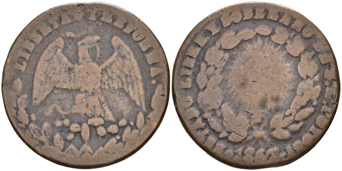 Мексика 1/4 реала 1867 LIBERTAD Y REFORMA, ГЛАДКИЙ ГУРТ KM 362 медь 190-926