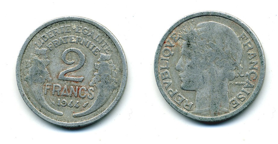ФРАНЦИЯ 2 ФРАНКА 1944 KM 886а.1 алюминий 84-611