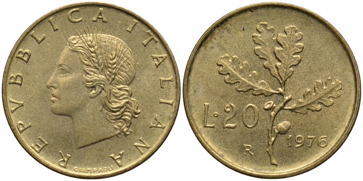 Италия 20 лир 1976 R, дубовая ветвь KM 97.2 алюминиевая бронза 4171-925