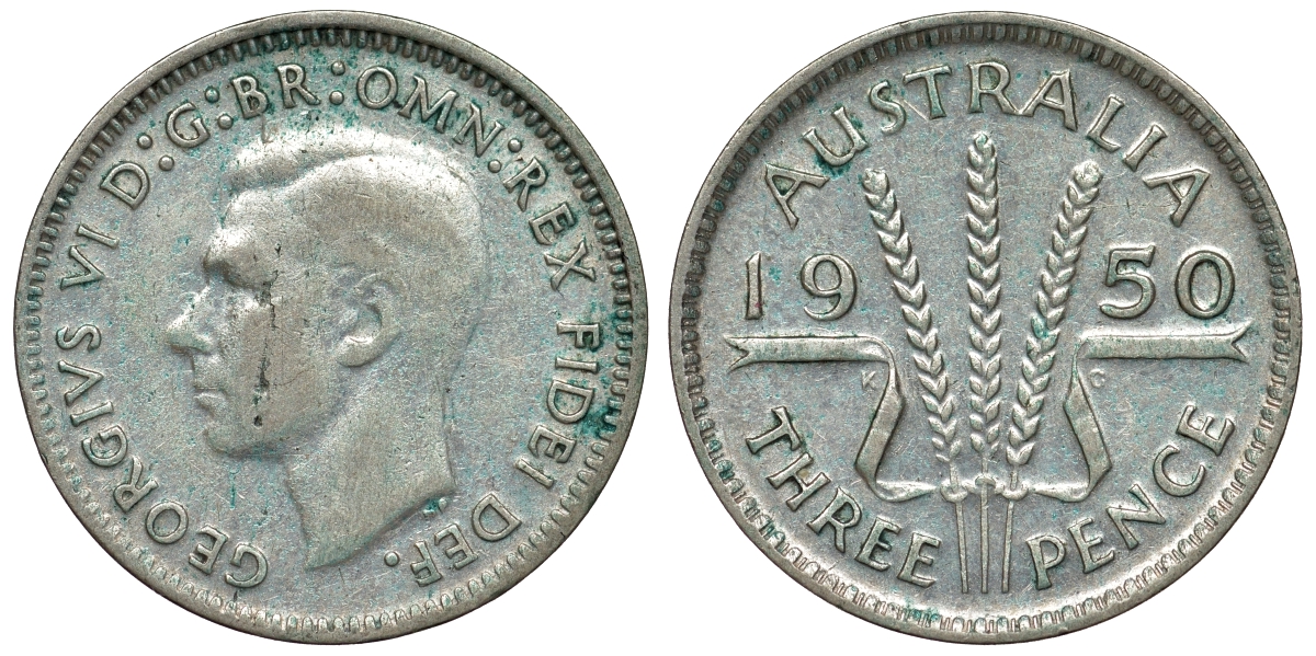 Австралия 3 пенса 1950 m, Георг VI (1937-1952), без букв KM 44 серебро 71-236
