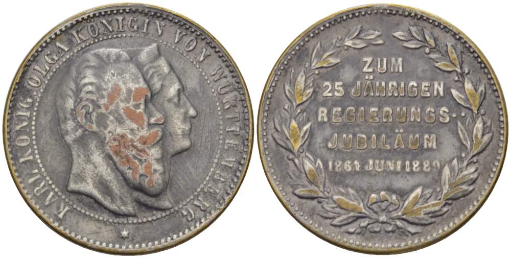 ВЮРТЕМБЕРГ МЕДАЛЬ 1889 25 ЛЕТ ПРАВЛЕНИЯ КАРЛА И РУССКОЙ КНЯЖНЫ ОЛЬГИ - ПРАВЯЩЕЙ ЧЕТЫ ВЮРТЕМБЕРГА (1864-1889), СЕРЕБРЕНИЕ, ДИАМЕТР 29 ММ. латунь 4179-134
