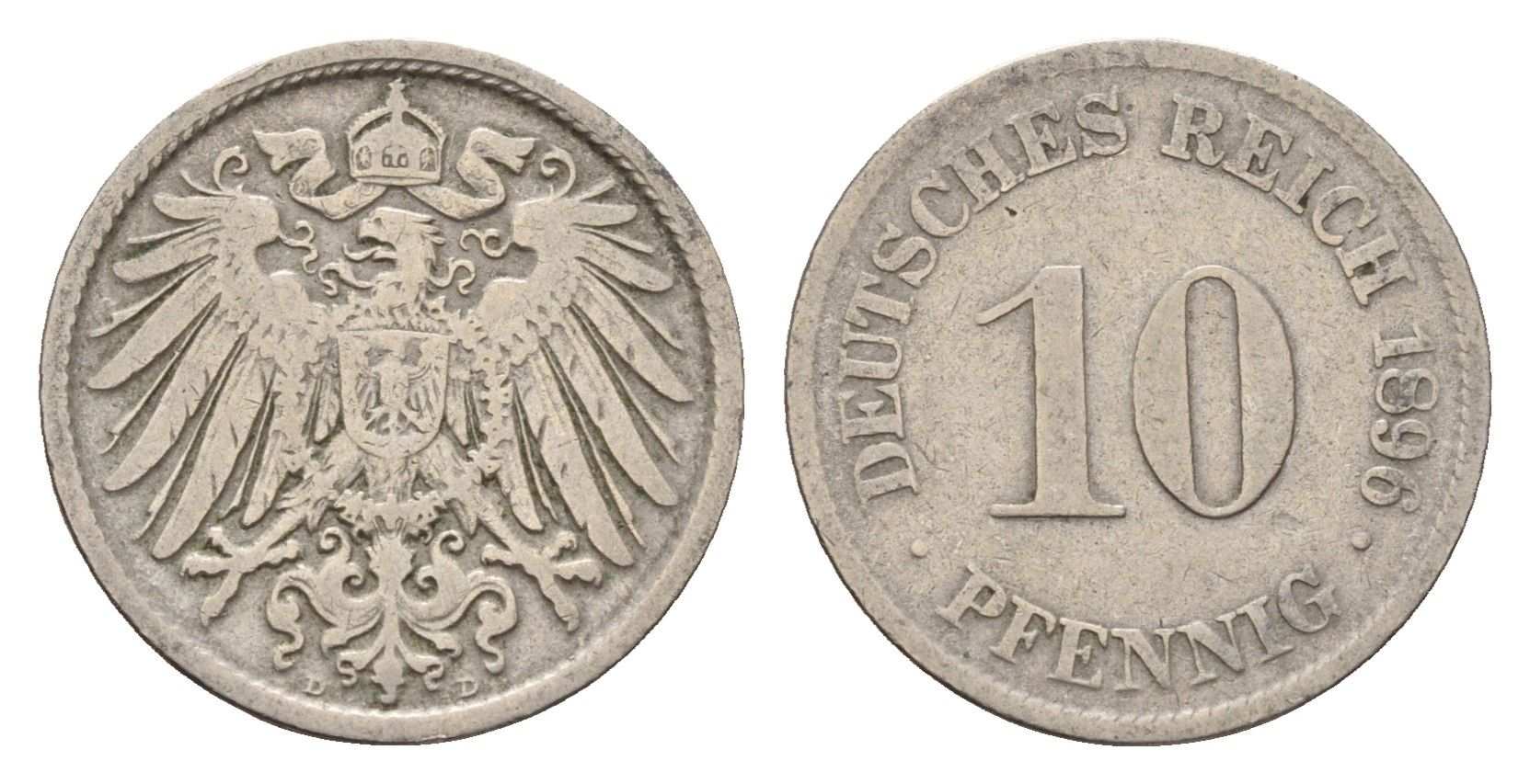 Германия 10 пфеннигов 1896 D, Вильгельм II (1888-1918) KM 12, J. 13 медно-никель 4636-1151