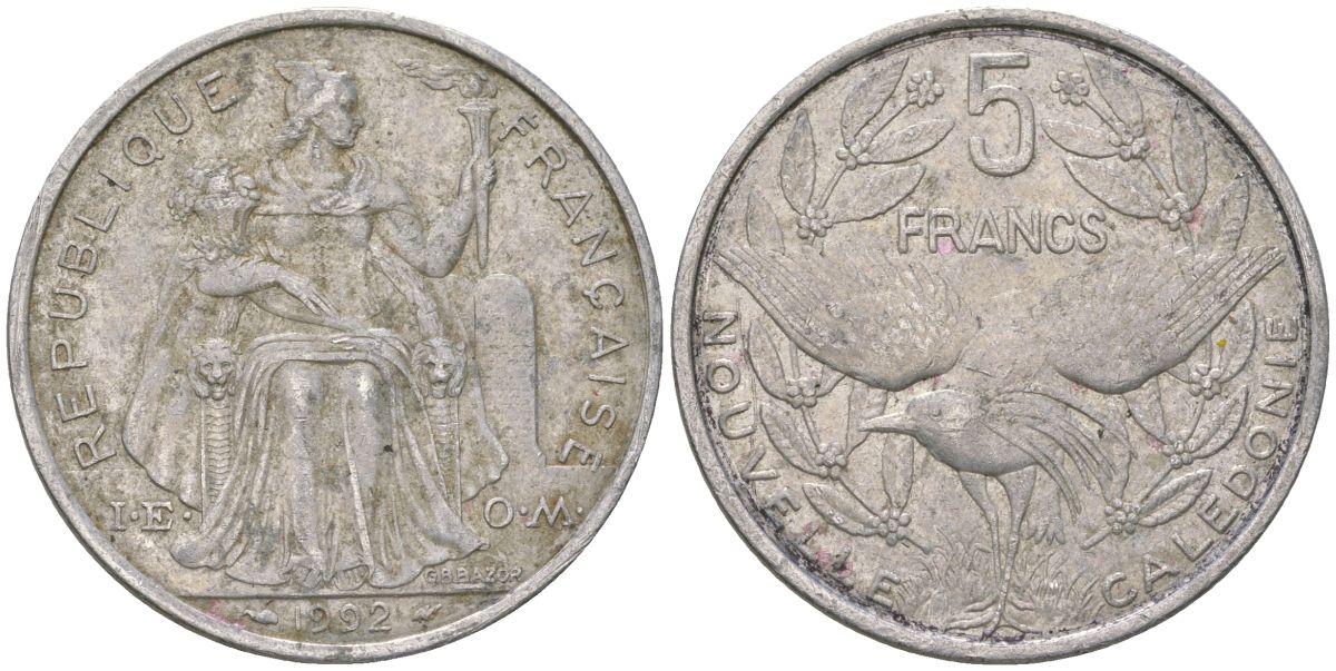 Французская Новая Каледония 5 франков 1992 птица кагу, (IEOM) KM 16, Schoen 12, Lec 80 алюминий 180-1232